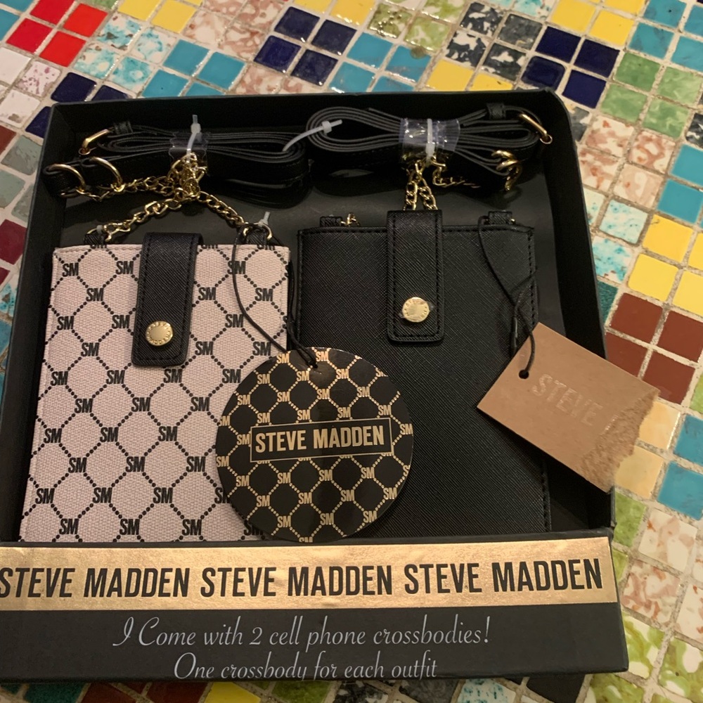 Steve Madden Black Crossbody Phone Pouches with Gold Accents